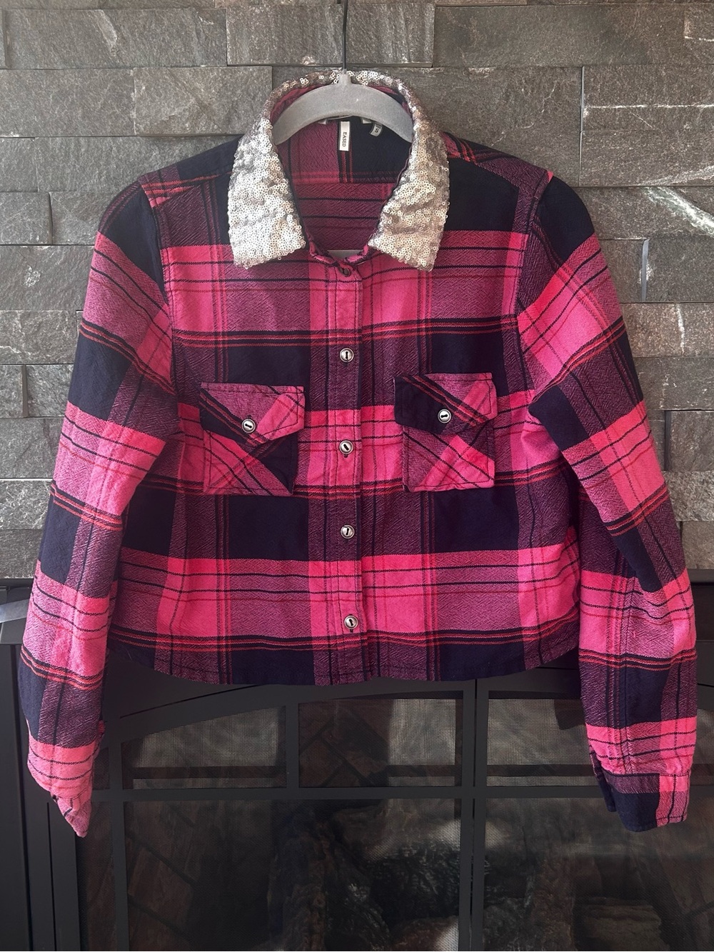 BKE Cropped Red Plaid Button Up Shirt with Sequin Collar